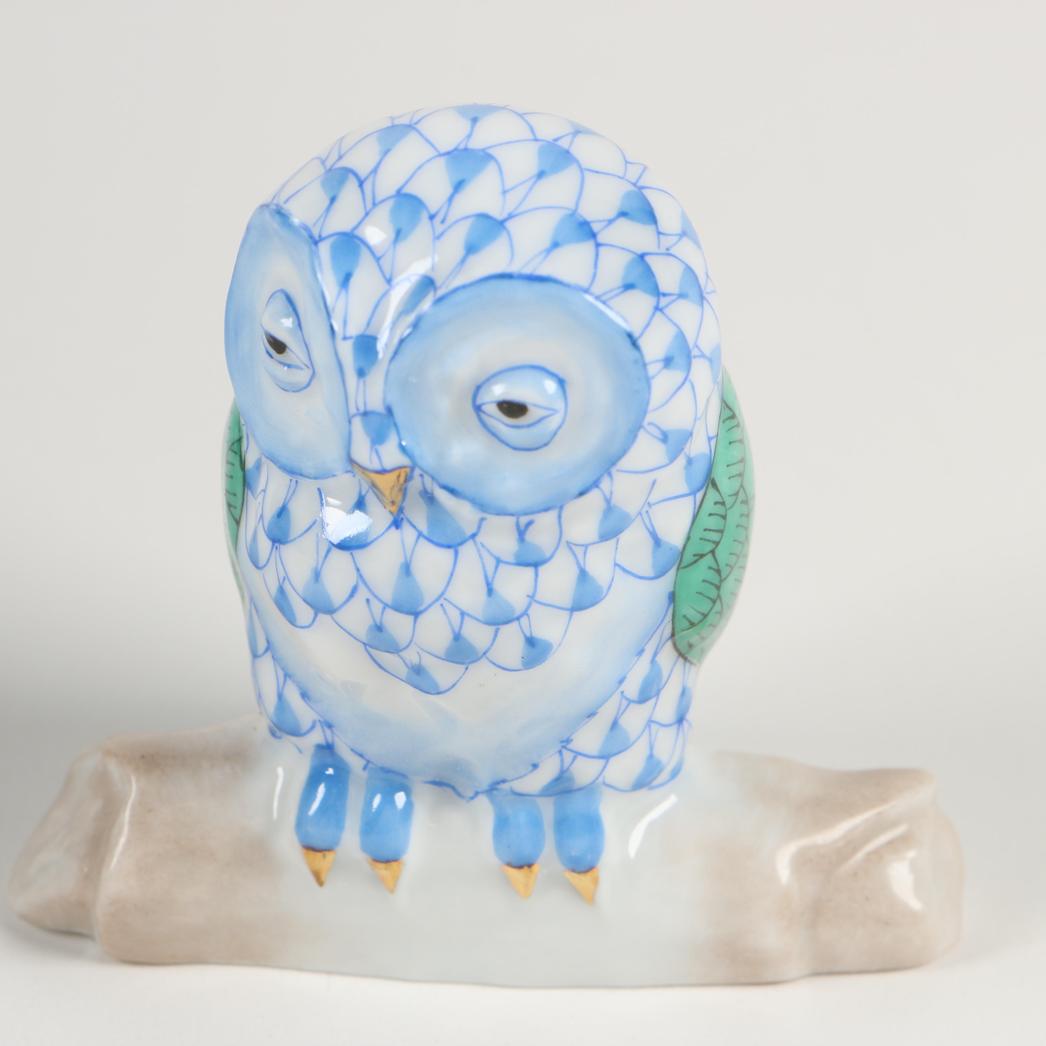 Herend Mother Owl Porcelain Figurine Blue Fishnet 